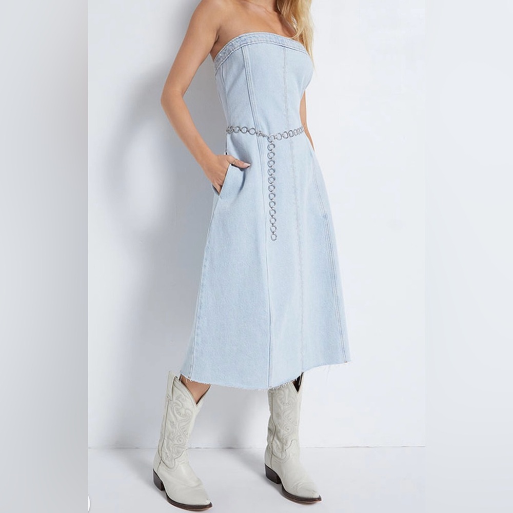 WeWoreWhat x Revolve Rigid Denim Strapless Midi Dress in Super Light Wash Size 2 - Picture 12 of 12